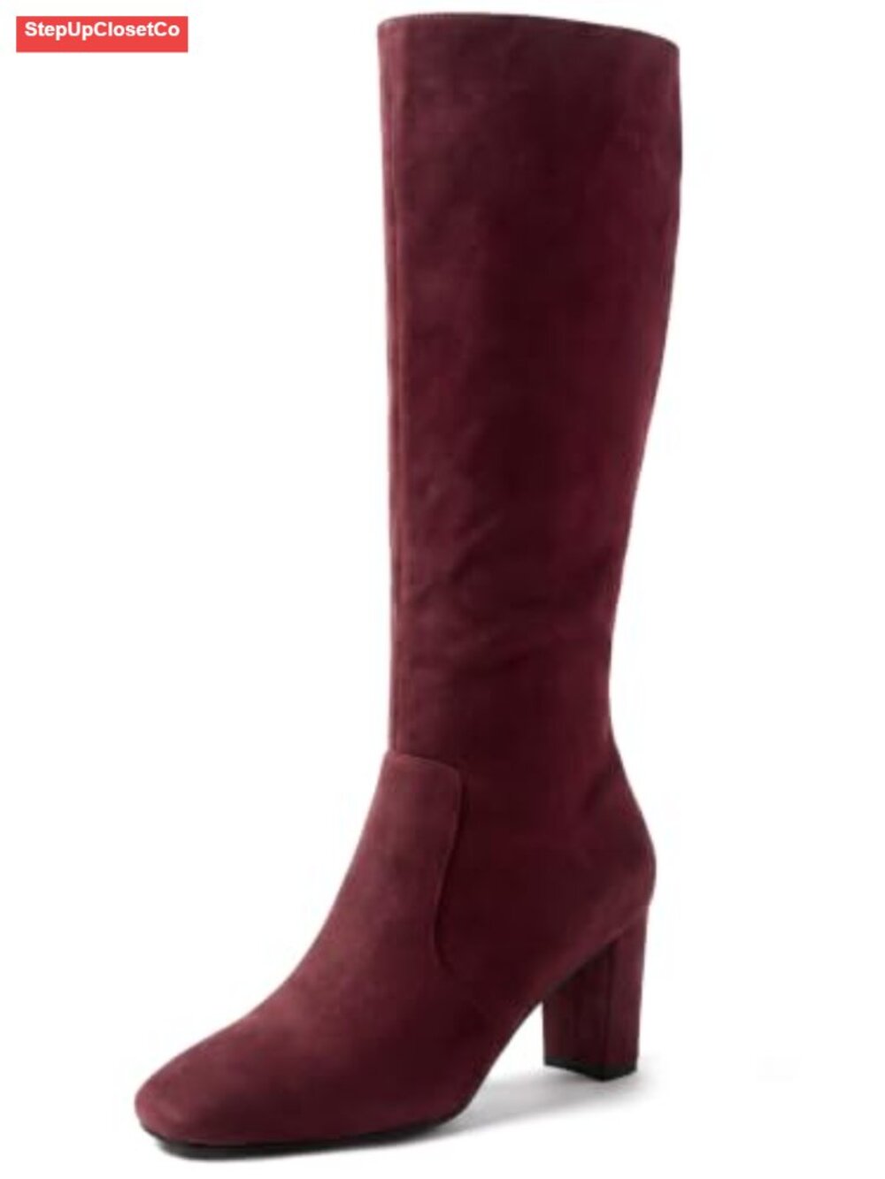 Faux Suede Square Toe Chunky Block Heel Side Zipper Knee High Boots